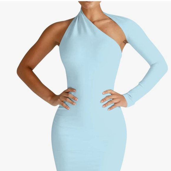 NWOT PrettyLittleThing blue one shoulder long sleeve wrap dress size 6 - Picture 1 of 5